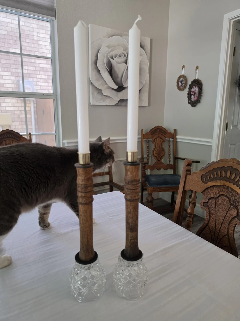 Pair Vintage turned-wood candlestick holders Decorative cut-glass bases